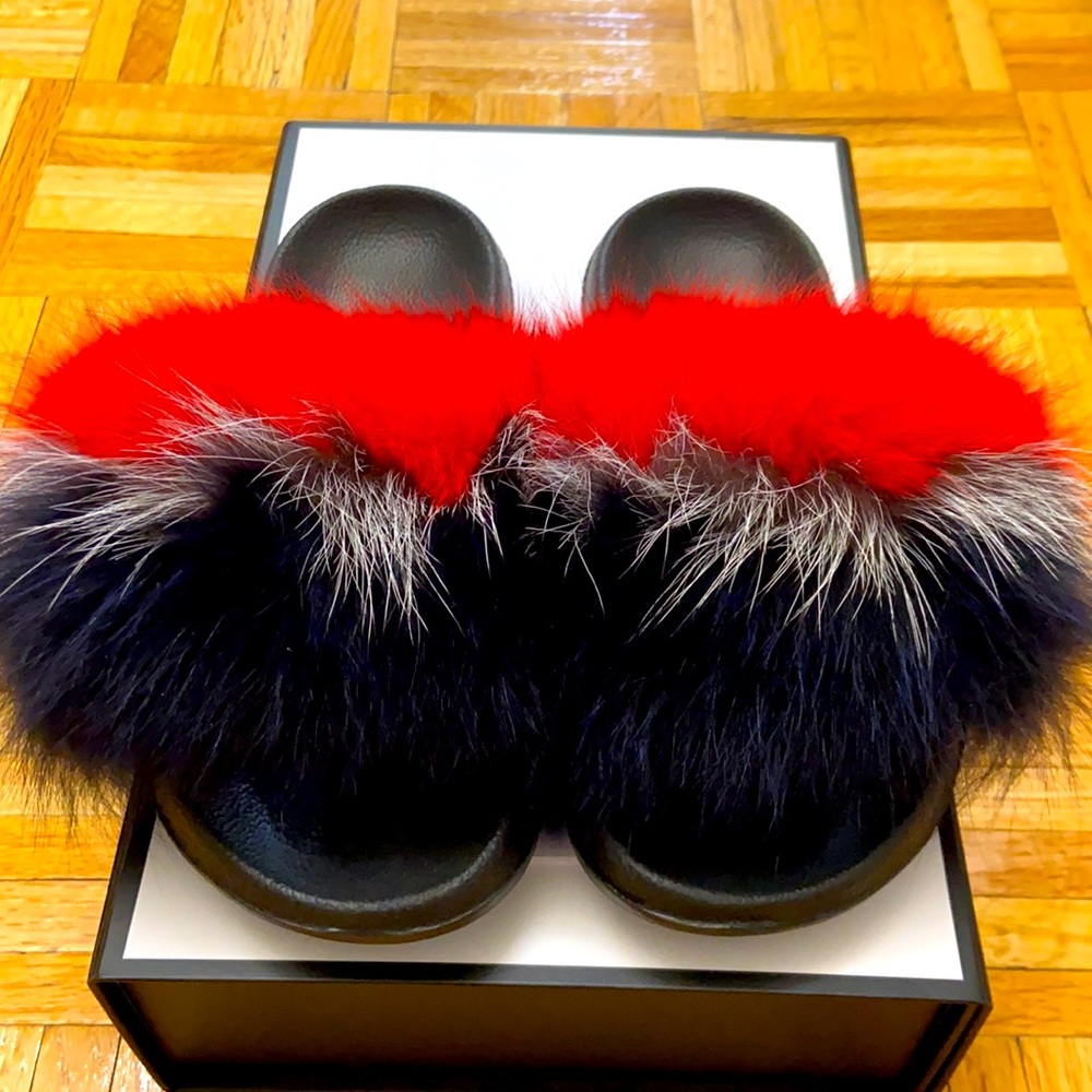 Tri-Color Dyed real Rabbit Fur Slippers